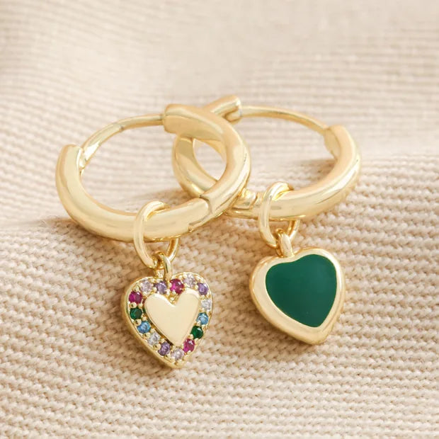 Mismatched Crystal Enamel Heart Huggie Hoops in Gold