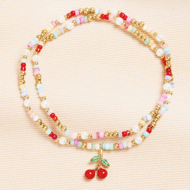 Stainless Steel Beaded Layered Cherry Charm Bracelet in Gold