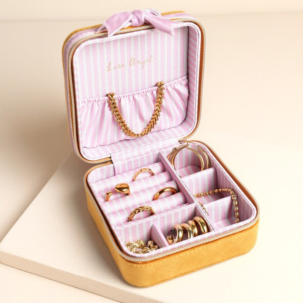 Mustard & Pink Bow Velvet Travel Jewellery Box