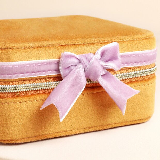 Mustard & Pink Bow Velvet Travel Jewellery Box