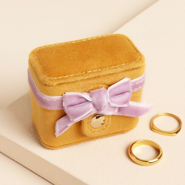 Mustard & Pink Bow Velvet Travel Ring Box