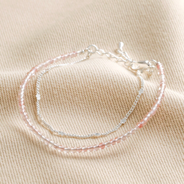 Rose Quartz Double Layer Stone Beaded Bracelet in Silver