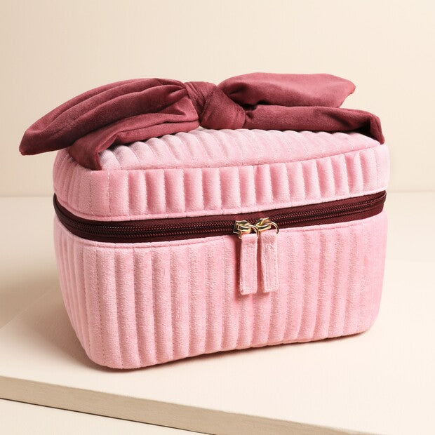 Large Pink & Burgundy Bow Velvet Makeup Bag