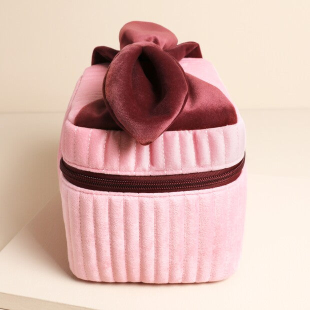 Large Pink & Burgundy Bow Velvet Makeup Bag