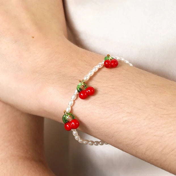 Cherry Charms Pearl Beaded Bracelet