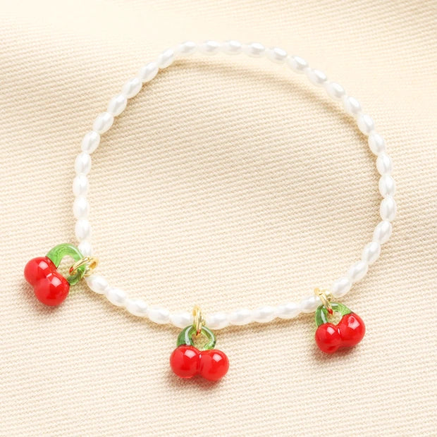 Cherry Charms Pearl Beaded Bracelet