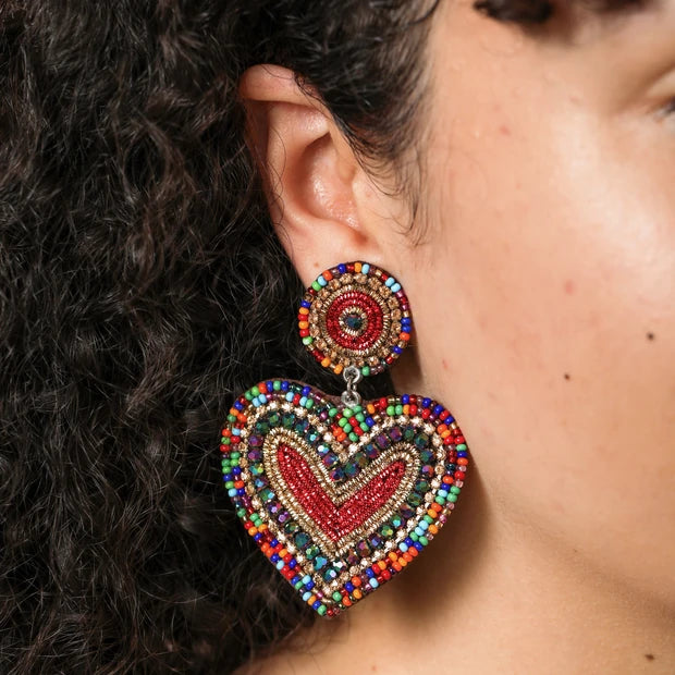 Rainbow Beaded Heart Drop Earrings