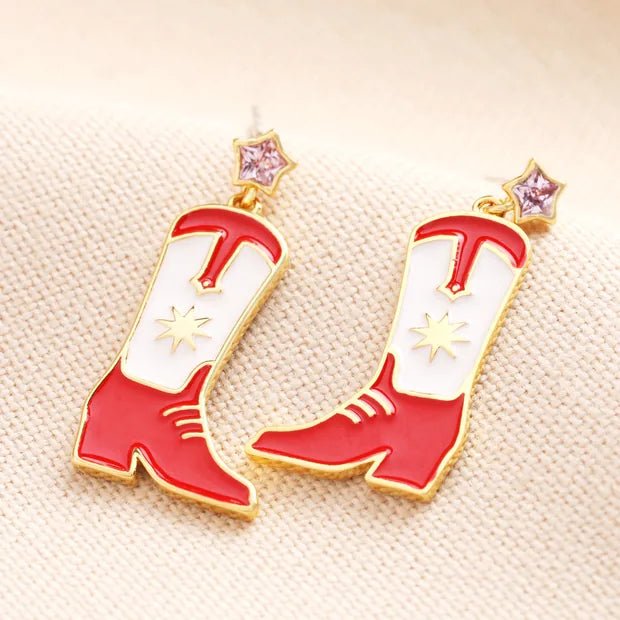 Red Enamel Cowboy Boot Drop Earrings