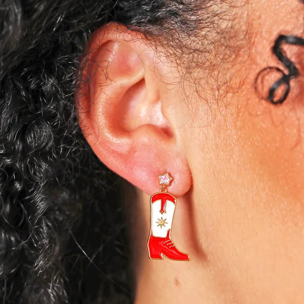 Red Enamel Cowboy Boot Drop Earrings