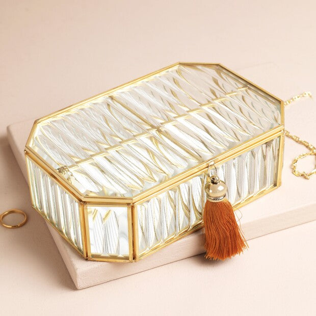 Ribbed Glass Gold Jewellery Box