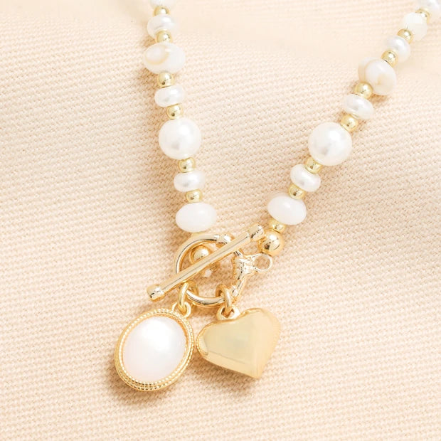 Semi Precious Beaded Pearl Heart Charm Necklace in Gold