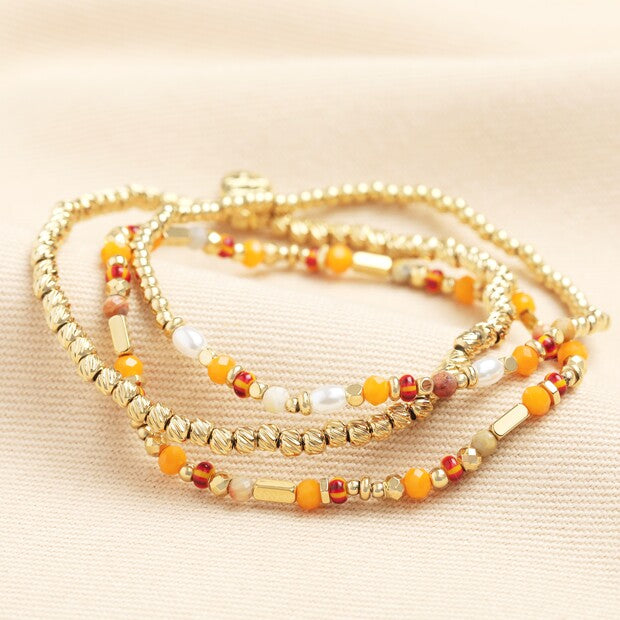Set of 3 Orange Layered Beaded Bracelets
