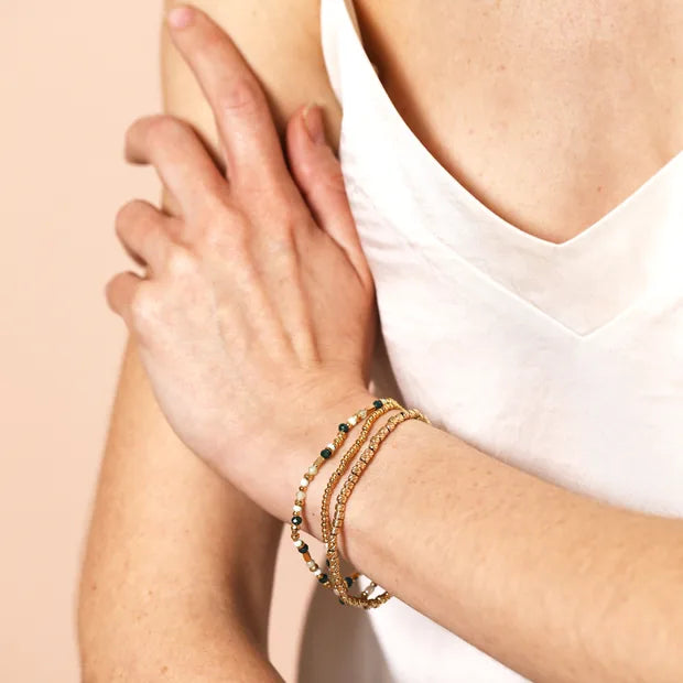 Set of 3 Layered Gold & Green Beaded Bracelets