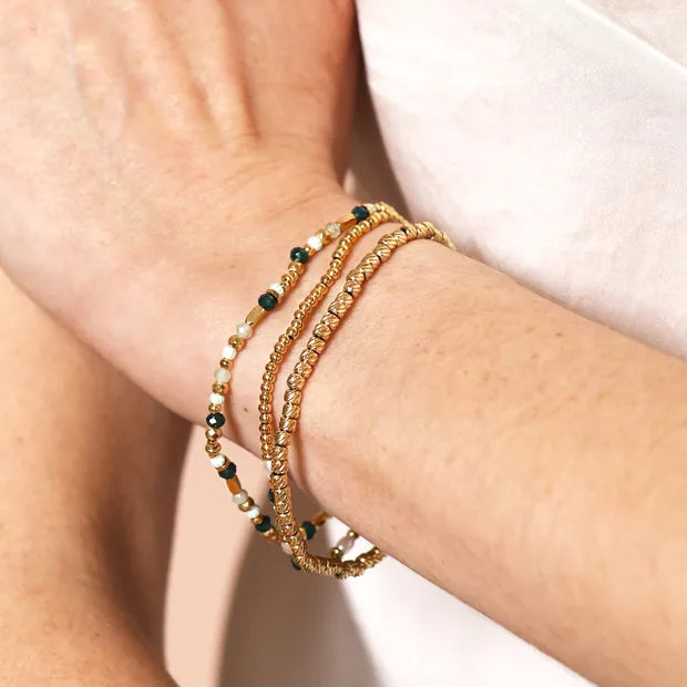 Set of 3 Layered Gold & Green Beaded Bracelets