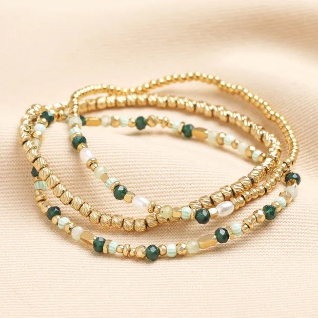 Set of 3 Layered Gold & Green Beaded Bracelets