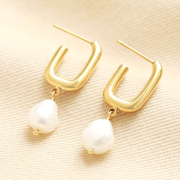 Gold Rectangular Pearl Drop Earrings