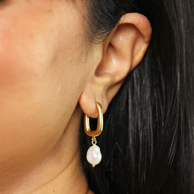 Gold Rectangular Pearl Drop Earrings