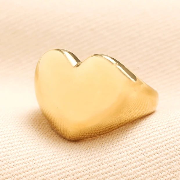 Stainless Steel Chunky Heart Signet Ring in Gold