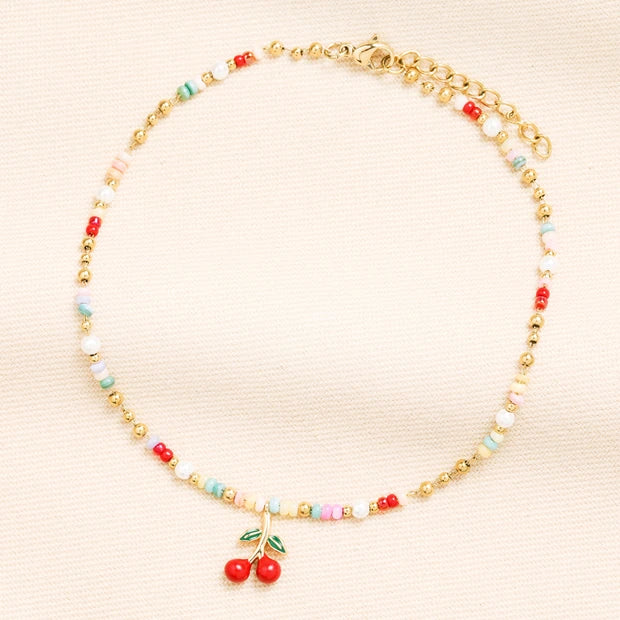 Stainless Steel Multicolour Beaded Cherry Charm Anklet in Gold