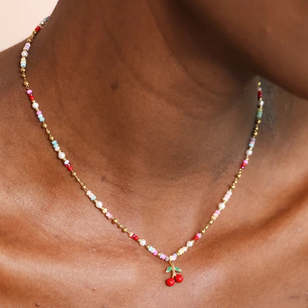 Stainless Steel Multicolour Beaded Cherry Charm Necklace in Gold