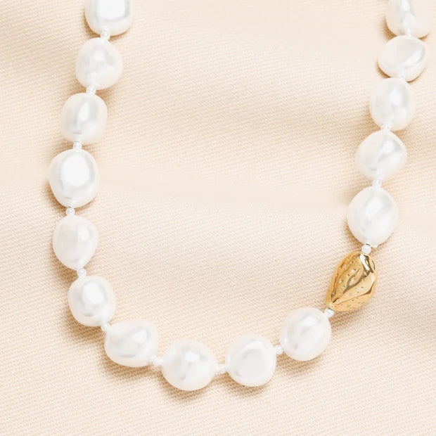 Stainless Steel Chunky Organic Pearl Beaded Necklace in Gold