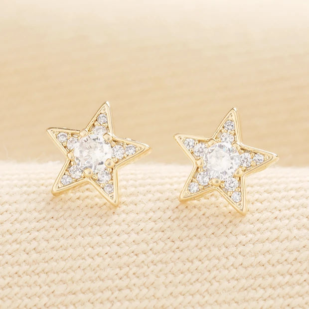 Sterling Silver Crystal Star Stud Earrings in Gold