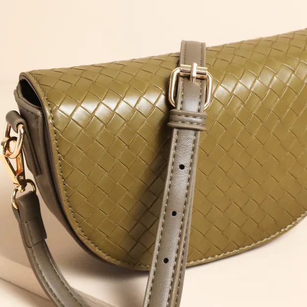 Olive Woven Half Moon Crossbody Bag