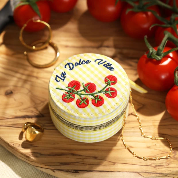 Yellow Gingham La Dolce Vita Tomato Round Travel Jewellery Case