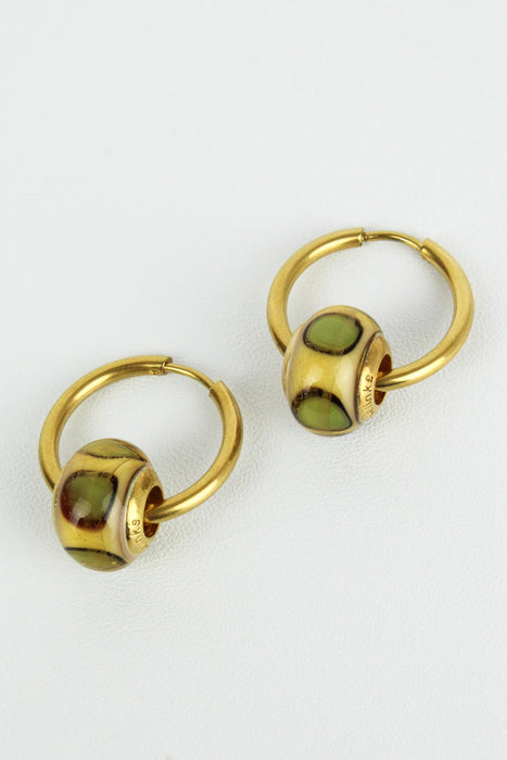 Gold Tan & Green Bead Hoop Earrings