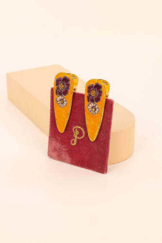 Embroidered Purple Posie Hair Clips - Mustard